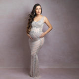 MQTIME  -  Sexy see-through Stretch Maternity Dress Photography Gown Shiny Goddess Rhinestones Pearls Luxurious Dress For Photo Shoot Props