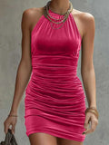  MQTIME  -  European and American Style Sleeveless Velvet Fashionable Slim Body Halter Neck Dress