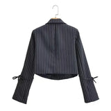 MQTIME  -  Fashion Ladies Long Sleeve Striped Double Button Elegant Office Ladies Cutaway Fashion Crop Top Women's Ulzzang All-match