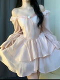 MQTIME  -  Fairy Sweet Bow Long Sleeve Dress Kawaii Grunge Lantern  Dresses Korean Y2k Aesthetic Ball Gown Square Collar Robe Women
