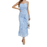 MQTIME  -  Elegant V-Neck Sleeveless Maxi Dress with Ruffled Hemline  Fit Evening Gown for Summer Parties and Events