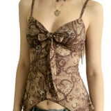  MQTIME  -  Printed Mesh Irregular Suspender Pleated Strap V-neck Short Top Vest