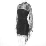 MQTIME  -  Autumn Simple Solid Color High Waisted Women's Dress See Through Long Sleeved Short Dress Sexy Lace Embroidered Slim Party Dress