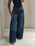 MQTIME  -  Women High Waist Wide Leg Jeans Double‑button Waistband Loose Denim Trousers Fashion Casual Street Daily Fall Outfit