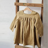 MQTIME  -  Girls' Cotton Linen Long-Sleeve Square-Neck Dress Autumn New Christmas Party Cute Ruched Loose Vintage Baby Girl Dresses