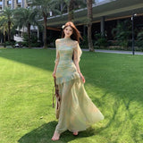 MQTIME  -  Green Tie-dye Mesh Suspender Dress Women's Summer High-end Seaside Vacation Slim-fitting Hip-wrapped Dress