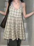  MQTIME  -  Korean Chic Plaid Summer Sweet Sleeveless Edible Tree Fungus All Match Dresses