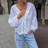 MQTIME  -  Ladies Office Solid Color Lace Up Top Tees Elegant High Street Long Sleeved Blouses New Spring Casual Ruffled V-Neck Loose Shirt