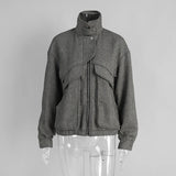 MQTIME  -  Women's Autumn Grey Zipper Outwear Jackets Solid Loose Patchwork High Waist Cropped Top Coat Streetwear Chic Casual Lady Tops