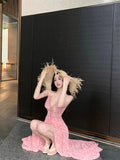 MQTIME  -  Chic Backless Maxi Dresses Women Print Sexy V Neck Suspender Irregular Ruffles Vestidos Beach Vacation Elegant Dresses