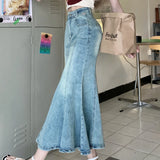 Mqtime High Waist Hollow Sexy Slim Denim Fishtail Skirt Women Summer New Streetwear Fashion All Match Mid-length Skirt