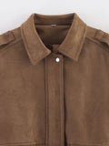 MQTIME  -  Women Elegant Suede Brown Bomber Jackets Fashion Ladies Casual Loose Outfits for Vintage Female Chic Clothes Cute