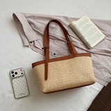  MQTIME  -  Women's Khaki Straw Weave Leather Patchwork Tote Bag Vacation Casual Aesthetic Beach Daily Shoulder Handbag Summer Trend