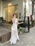  MQTIME  -  Bowknot-tied Lace Camisole with Net Yarn Patchwork and a Body-hugging Half Long Skirt