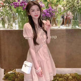 MQTIME  -   French V-neck Pink Sweet Women's Dress Summer Dress Fairy Dress Pure Desire ins Yarn Dress Women's Dress Short Dress