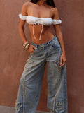 MQTIME  -  Style: Glittering Diamond Embroidered Denim Wide-leg Pants with High Waist for Slimming Effect - Feminine Cool Girl Pants