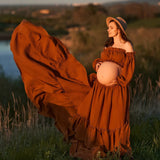 MQTIME  -  Retro Bohemian Pregnancy Dress Photo Shooting Comfortable Maternity Wear Linen Cotton sexy Off Shoulder Top Large Skirt Hem