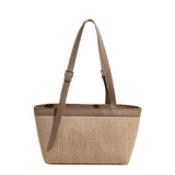  MQTIME  -  Women's Khaki Straw Weave Leather Patchwork Tote Bag Vacation Casual Aesthetic Beach Daily Shoulder Handbag Summer Trend