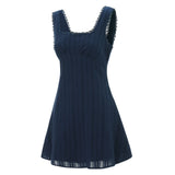  MQTIME  -  Women Summer White Short Dress Sleeveless Square Neck Lace Trim A-line Tank Dress Bohemian Casual Chic Dresses