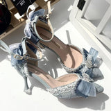 MQTIME  -  Women's Pointed Toe Stiletto Heels Silver Blue Glitter Lolita Shoes Handmade Lace Bow Party Dress Pumps