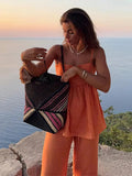  MQTIME  -  Orange Drawstring Women Wide Leg Pants Suit Elegant Sleeveless Ruffles Pleated Hem Sling Tops Lady Two Piece Set Street Outfits