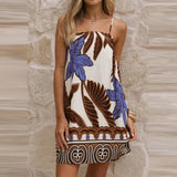 MQTIME  -  Pattern Print Vintage Dress Casual Sleeveless Hollow Out Loose A-line Dress Summer New Backless Pleat Mini Dress