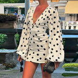 MQTIME  -  Summer Sexy Deep V Neck Hollow Dresses Fashion Polka Dot Print Slim Evening Dress Women Spring Long Sleeve High Waist Mini Dress