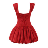 MQTIME  -  Sexy Women Satin Fold Chest Pad Bra Slash Shoulder Dress Corse Boning Low Waist Cross Lacing Up Back Ball Gown BUD Dresses Robe