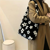 Mqtime Females Flower Pattern Plush Bag Faux Fur Flurry  Shoulder Bag Womens Handbag For Daily Shopping And Work