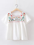 MQTIME  -  Embroidery White Women Blouse Summer  Vintage Square Collar Flare Sleeve Loose Female Elegant Pulls Outwear Tops