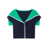  MQTIME  -  Women Lapel Knitted Top Pullover Color Blocking Single Breasted Short Sleeve Slim Short Tops 2026 Female New Chic Top Outfits