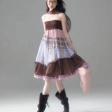  MQTIME  -  Sweet Contrast Color Patchwork Sleeveless A-LINE Edible Tree Fungus All Match Skirts
