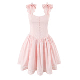 MQTIME  -  Sexy Pink 3D Bow Strap Tank Dress Women Slim Low Waist Spliced Lace Pleated Hem Ball Gown Sling Dresses Short Party Robe