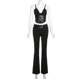 MQTIME  - Grommet Bandage PU Leather Patchwork 2 Piece Set Women Sexy Lace Edge Camis Crop Tops + Slim Flare Pants Fashion Clubwear Suit