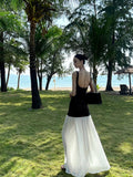 MQTIME  -  Sleeveless Sequin Long Dress Black White Patchwork Sexy Backless Streetwear Pleated Dress Cinched Waist Slim Fit Chiffon Robes