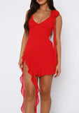 MQTIME  -  Summer Sexy Girl V-Neck Solid Mesh Tassel Mini Dress New Style Fashion Slimming Sweet Asymmetrical Ruffled Dresses for Women