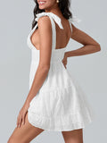 MQTIME  -  Women Summer White Dress Bow Lacing Strap V-Neck Hollow Eyelet Ruffle Hem A-Line Short Cami Dresses