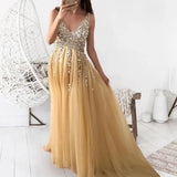 MQTIME  -  Sexy Women Front And Back V-Neck Sequin Mopping Dovetail Dress For Photography Props Summer Beach Front Back Split Clothing