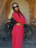 MQTIME  -  Striped Shirts Pants Sets Women 2 Pieces Single Breasted Long Sleeve Lapel Shirt Wide Leg Trousers Suits 2025 Summer Vacation
