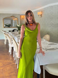  MQTIME  -  Chic Satin Slip Long Dress For Women Cowl-neck Sleeveless Side Split Hip Package Robe Summer Elegant Female Party Dresses