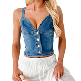 MQTIME  -  Women s Sleeveless Denim Vest with Deep V Neck and Open Back Detail  Fit Button-up Tank Top for Summer Streetwear Fashion
