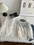  MQTIME  -  Sweet Flower Hollow Out Gauze Solid Sheer Loose All Match Summer Tanks