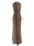 MQTIME  -  Woman Elegant Leopard Print Bandage Long Dress 2024 Summer Sexy O-neck Sleeveless Tunics Bodycon Slit Evening Party Dresses