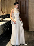MQTIME  -  White French Style Evening Dress Sleeveless Silk Ribbon Pleated Slim Formal Occasion Dressing Gown Wedding Bridal Toast Dress