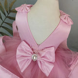 MQTIME Pink Flower Girl Dresses Satin Tulle Tiered With Bow Sleeveless For Wedding Birthday Party First Communion Gowns
