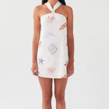 MQTIME  -  Elegant Floral Print Halter Neck Backless Dress Women s Summer Sleeveless Casual Mini Dress Solid Color Fashion