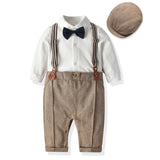 MQTIME  -  Baby Boys Gentleman Suit Formal 1st Birthday Newborn Outfit One-piece Jumpsuit+Beret+Bowtie+Suspender Toddler Clothes