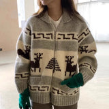 Mqtime Chic Knitted Cardigan Women Sweaters Pull Print Zipper Christmas Sweater Temperament Vintage Casual Oversized Sweater Tops