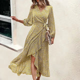 MQTIME  -  Printing Maxi Dress V Neck Bandage Boho Holiday Dress Long-sleeved Belt Lace-up Vestidos Ruffled Beach Dresses