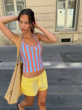 MQTIME  -  Blue Red Striped Halter Cami Top Women U Neck Ruched Slim Cropped Sleeveless Vest Summer Beach Vacation Casual Y2k Outfit